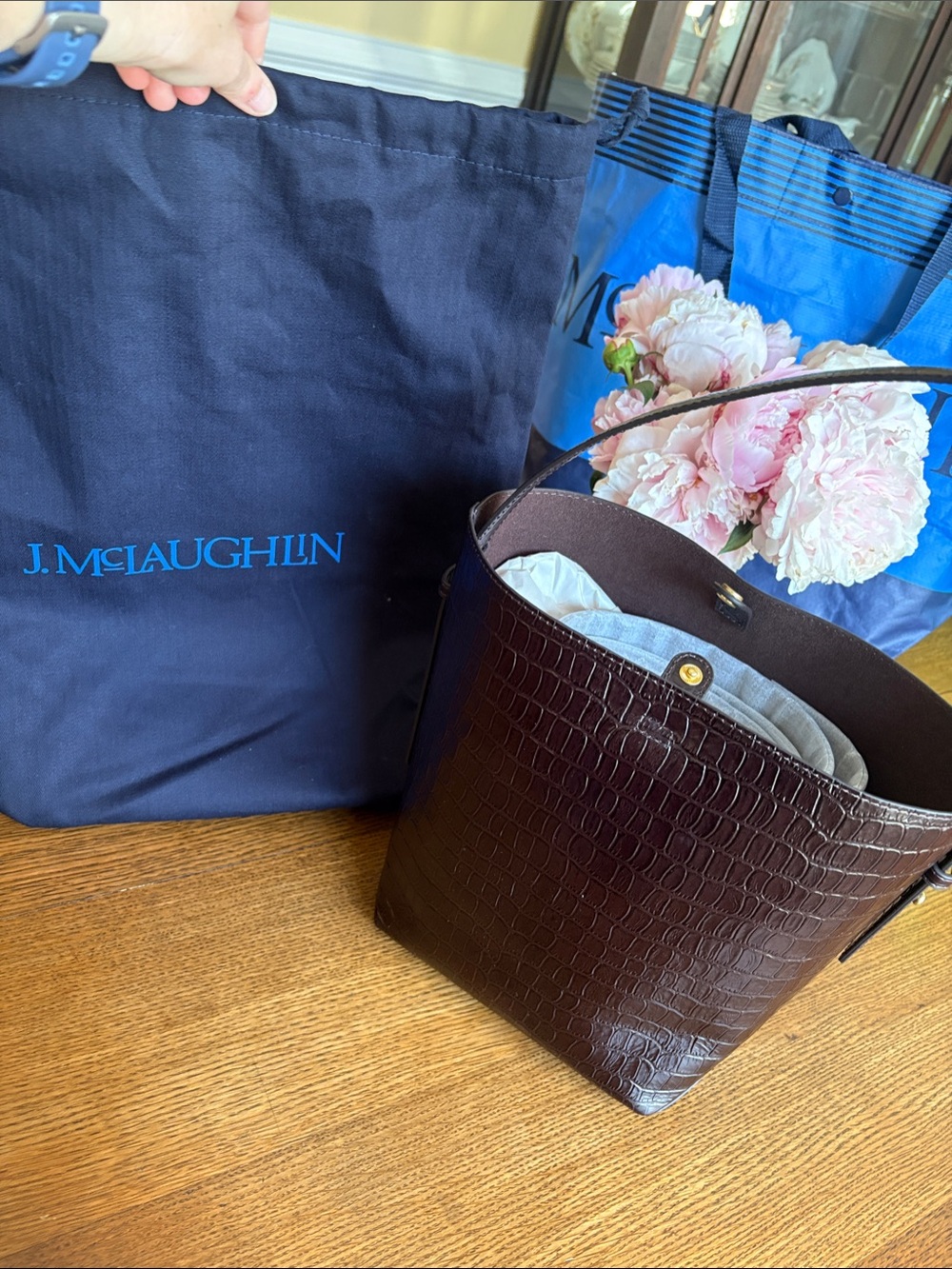 J. McLaughlin Croc-Embossed Bucket Bag in Deep Brown